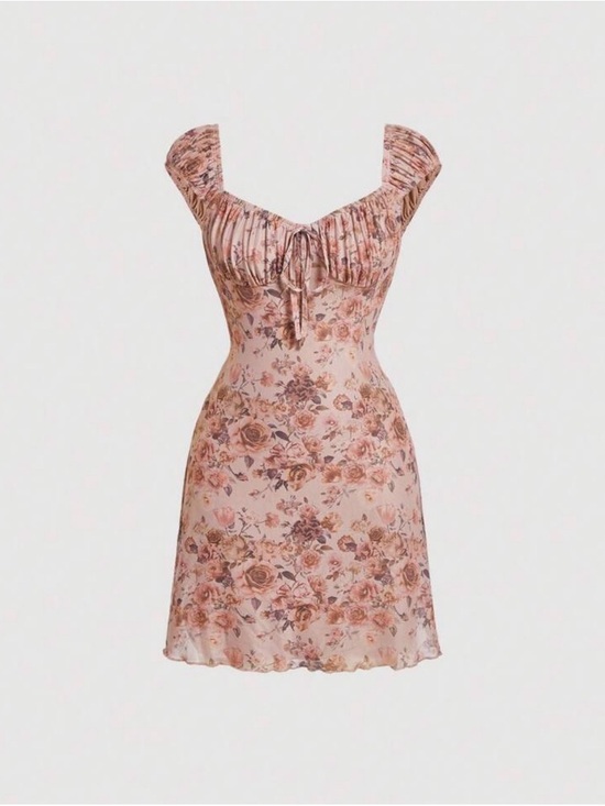 Dresses & Skirts - Floral Pink Ruffle Neckline Dress